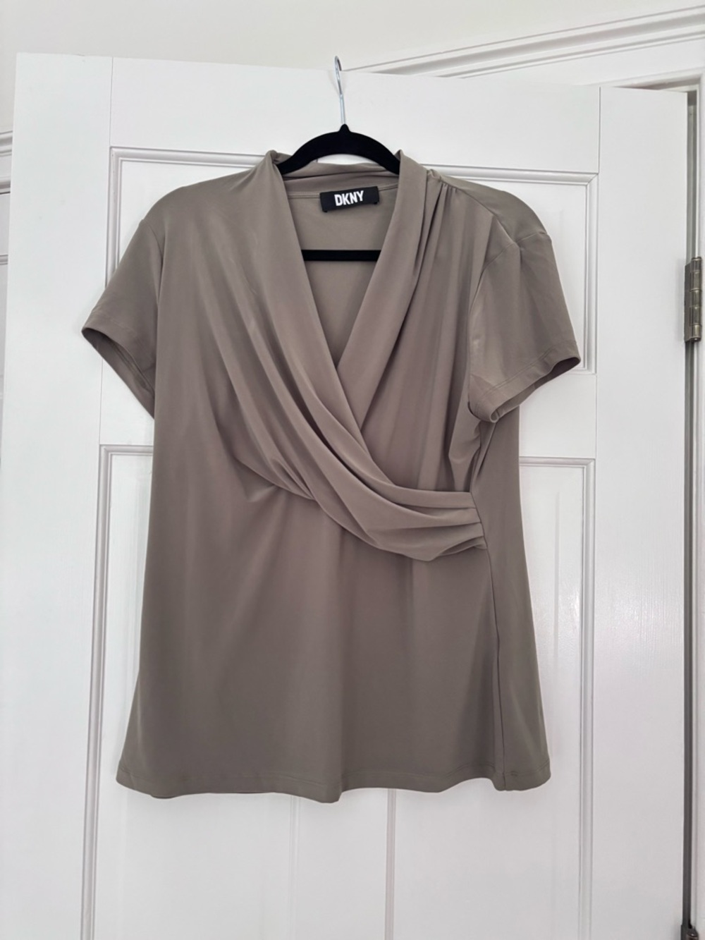 DKNY Taupe Draped V-Neck Short Sleeve Top
